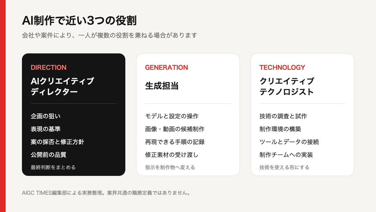 AIクリエイティブディレクター、生成担当、クリエイティブテクノロジストの役割分担