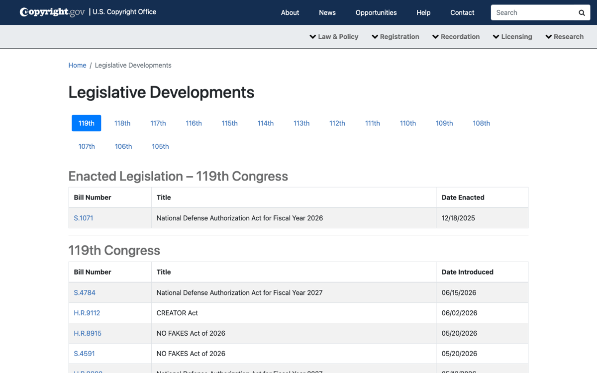 米国著作権局の法案一覧。CREATOR Actは第119議会へ提出された法案として掲載されている