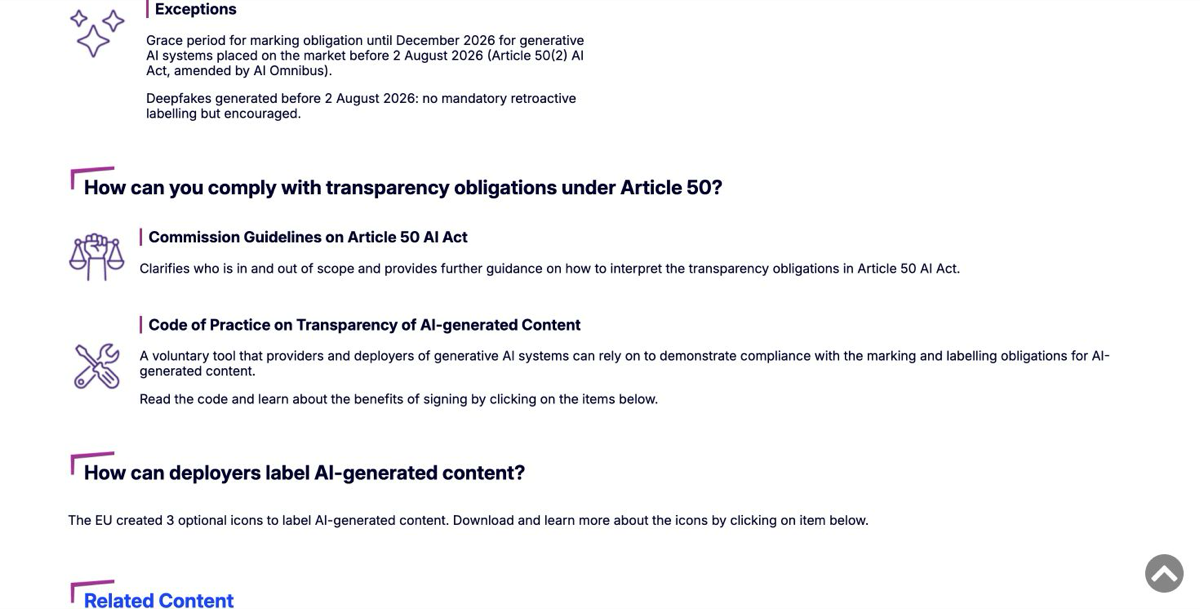 EU AI Act第50条の例外、実務コード、表示アイコンに関する欧州委員会の案内