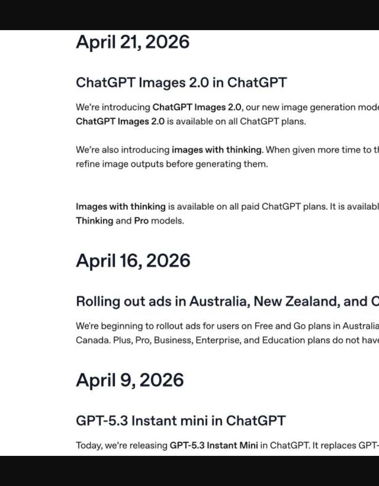OpenAIのChatGPT Release Notes。日付ごとに更新内容が掲載されている