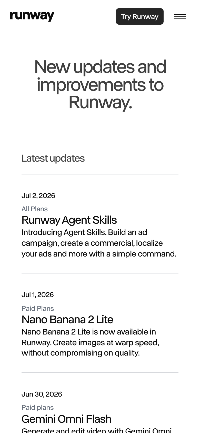 RunwayのChangelog。更新日、対象プラン、変更内容が一件ずつ掲載されている