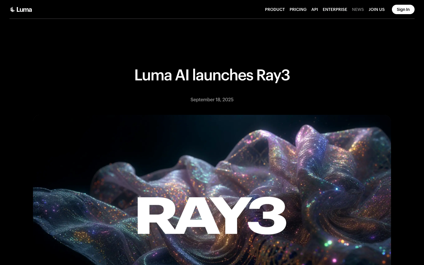 Luma公式が2025年9月に公開したRay3発表ページ