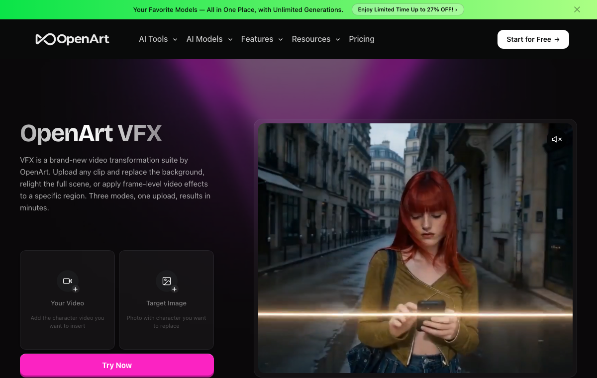 OpenArt VFXの公式ページ。撮影済み動画の背景変更、明るさや色の変更、マスクで残す範囲を指定して外側を加工する機能を案内している