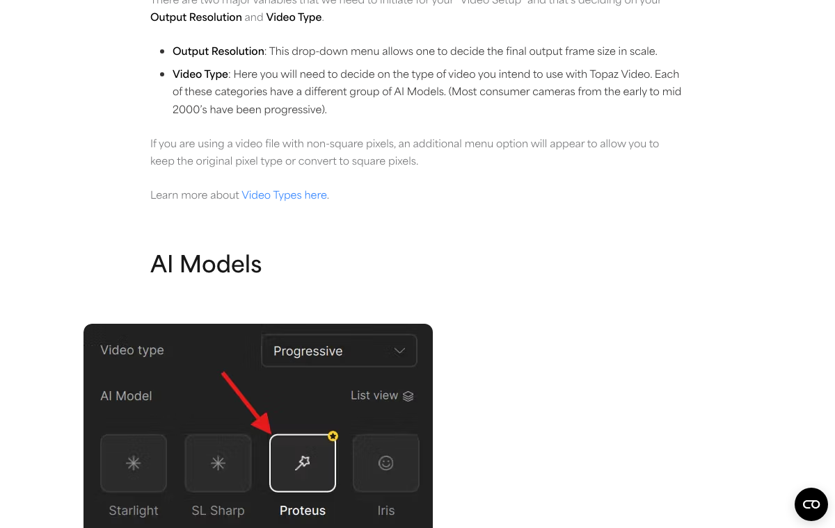 Topaz Labs公式ガイドのAI Models画面。Video TypeとAI Modelを選ぶ位置が示されている。