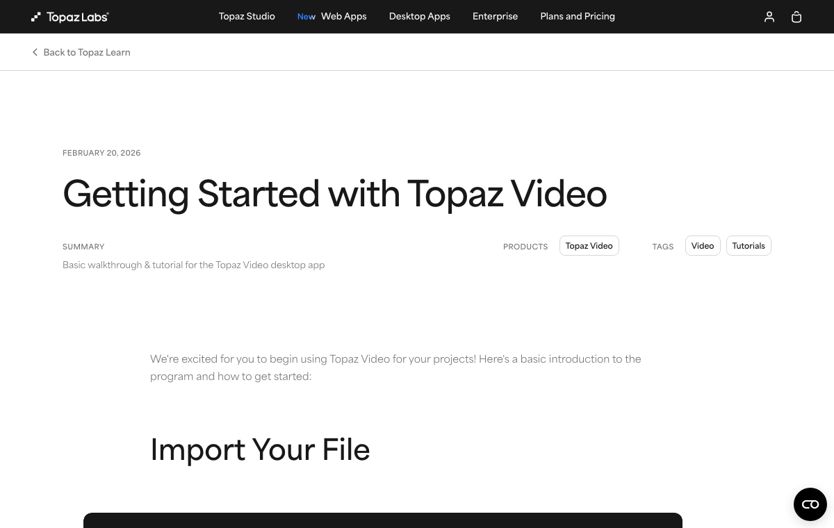 Topaz Labs公式の入門ガイド。Topaz Videoの基本操作を説明している。